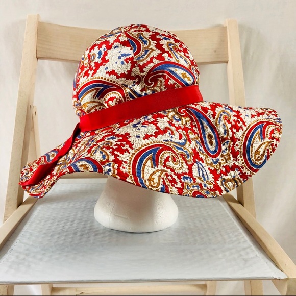 Vintage 60s Madcaps New York Paris Red Paisley Floppy Hat with Red Ribbon Small - Picture 4 of 12
